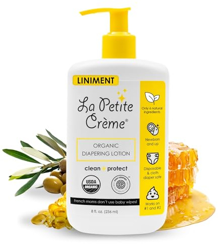 La Petite Creme French Premium Liniment Baby Lotion - Diaper Cream Alternative to Wet Wipes - Gentle Moisturizer & Skin Cleanser, USDA Certified Organic Ingredients - Newborn Essentials (8 oz)