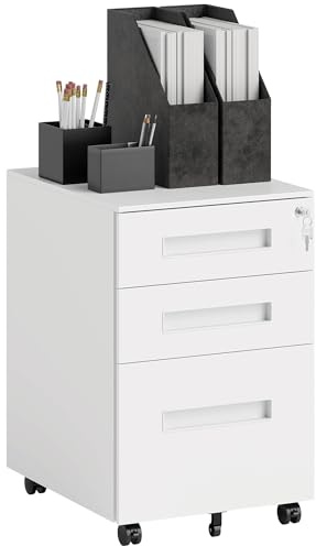 Vinsetto 3 Drawer Mobile File Cabinet, Metal Filing Cabinet with Lock and 5 Wheels for A4/Legal/Letter Sized Documents, Hanging File Folders, Pre-Assembled Body, 39 x 48 x 60 cm, White