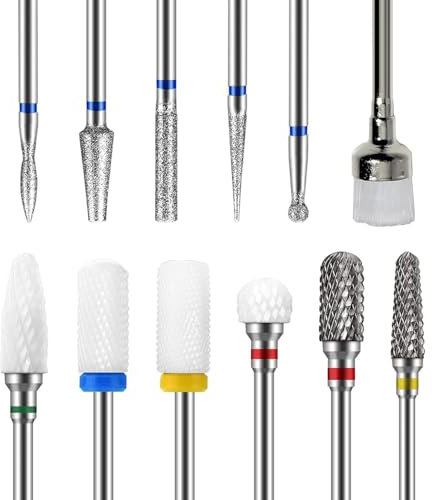 Juego de 12 Brocas para Uñas,Broca Manicura,profesional,2 brocas de carburo de tungsteno+4 brocas de cerámica para uñas+5 brocas de diamante+1 cepillo,3/32,para Pulir Uñas de Gel Acrílico