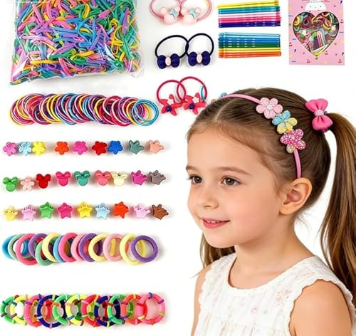 Elastic Hair Bands Ties, 1221 Pcs Cartoon Hair Clip & Hair Band Set with Organiser for Girls, Multi-colored Girls Hair Accessories for Thick Hair & Thin Hair