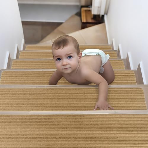 Spesh 15 Pack Stair Treads Carpet 76x20cm Non-slip Indoor Stair Pads Self Adhensive Staircase Safety Mats for Kids Pets Elders (Pattern-A, Beige)