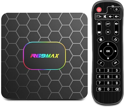 Android 14.0 TV Box,R69MAX Smart TV Box with 4GB RAM 32GB ROM RK3528 Quad Core Arm Cortex A53 Mali-450 GPU Support 8K 3D 1080P 2.4/5.0GHz WiFi BT5.0 10/100M Ethernet DLNA HDMI2.0 USB3.0 H.265