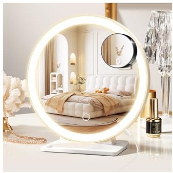 MOMOKUBA Miroir de Maquillage avec éclairage, Miroir grossissant avec Ventouse 30 Fois, 3 Couleurs de lumière et Angle réglable, Miroir de Table pour la Chambre à Coucher, 31,5 x 29 cm