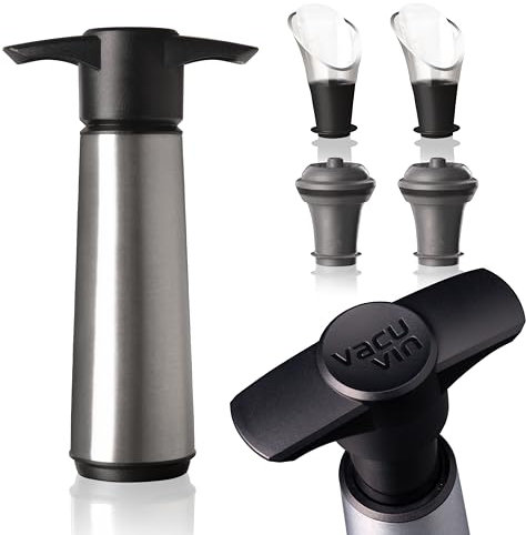 Vacu Vin Pompa Vino - Acciaio Inox - 1 Pompa 2 Tappi 2 Versatori - Set Pompa Sottovuoto per Bottiglie di Vino - Riutilizzabile
