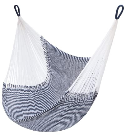 Handwoven Hanging Chair by Yellow Leaf Hammocks - Fits 1 Person, 330lb Max - Kick Back for Full-Body Recline - Weathersafe, Ultra Soft, Hang Anywhere - Color: Stripe Navy Blue - White