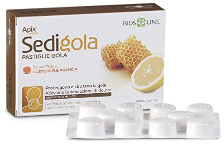 BIOS LINE Pastiglie Gola, Protezione e Idratazione Gola, Allevia Sensazione di Dolore, con Propoli e Semi di Pompelmo, 20 Pastiglie Gusto Miele e Arancia