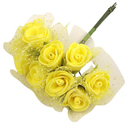 Meena Supplies 12 Miniature Foam Rose Buds with Tulle Artificial Wedding Crafts Card (Yellow)