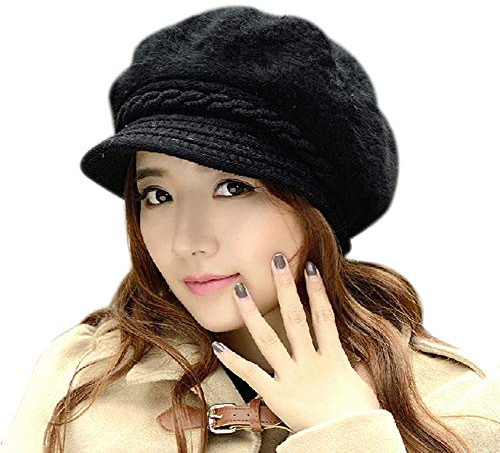 Casquette Plate Femme Bonnets Chaud en Laine Tricotée avec Fausse Fourrure Chapeau Visière Beanie Béret Hiver Automne Couleur Pure pour Voyage Moto Ski Vélo Randonnée Cadeau de Noël