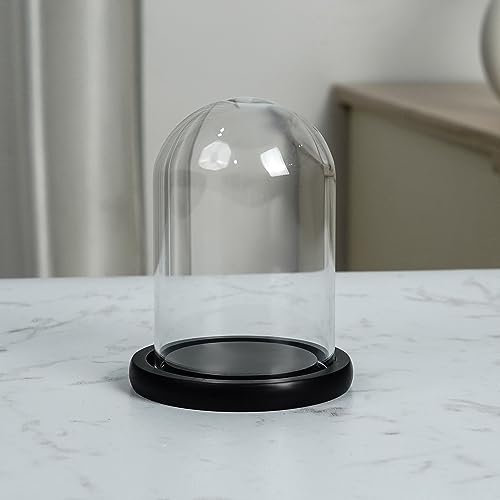 Belle Vous Glasglocke Deko mit Schwarzem Holzsockel - 9,7 cm Hoch - Klare Dekorative Glocke aus Glas mit Tablett für Lichterketten, Tafelschmuck und Antiquitäten