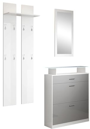 MB Muebles Bonitos | Flurmöbel Set mit Schuhschrank, Spiegel und Garderobe | Glasablage mit LED | Glänzendes Melamin | Farbe Weiß und Grau | Schuhregal für die tür | Modell Paola Set