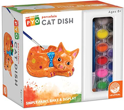 MindWare Paint Your Own Cat Dish – Porcelain Painting Figures for Kids, Teens & Adults Ages 8 & Up – Includes 12 Paints and 2 Brushes