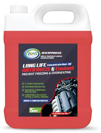 JOVS Antifreeze Engine Coolant Red 5L - Concentrated -36° – All-Year Protection for Your Vehicle from Freezing and Overheating - Suitable for All Cars Frost Prevention Peak Engine Performance.