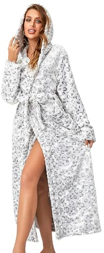 RONGTAI Peignoir long en polaire pelucheuse pour femme, peignoir à capuche épais avec poches, vêtement de nuit duveteux pour homme, Léopard, L
