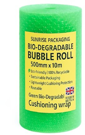 10M Long GREEN BIODEGRADABLE BUBBLE WRAP 500mm Wide - 100% ECO FRIENDLY Recyclable Small Bubble Cushioning House Moving - Fragile Item Packaging Material Protective Wrapping for Storage & Shipping
