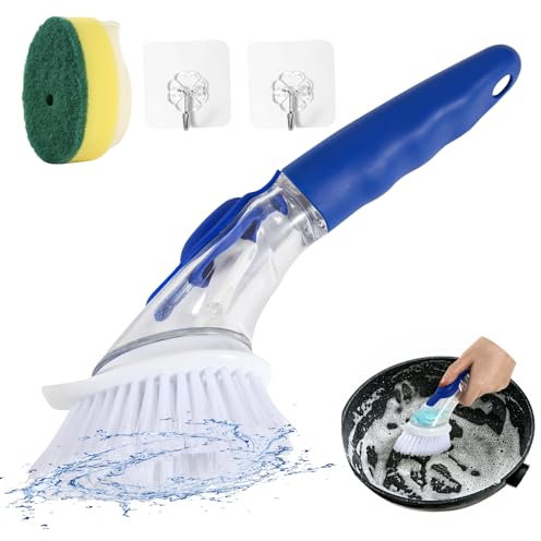 Aotfusd Spülbürste mit Spülmittelspender, 2 in 1 Mehrzweck Spülbürste mit 1 austauschbaren Schwammköpfen, Spülbürste mit Seifenspender für Topf, Pfanne, Spüle Reinigung (Blau)