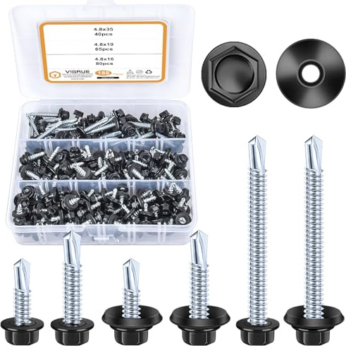 VIGRUE 185 Stück Trapezblechschrauben Selbstschneidende Schrauben Edelstahl Bohrschrauben Blechschrauben M4.8 Sechskantscheibenkopf Selbstbohrender Schraubensatz für Metall Holz Möbel Elektrogeräte