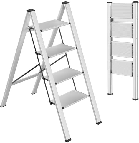 TLGREEN Alu Trittleiter 4-Stufen-Leiter Klappleiter Rostfeste rutschfeste Stehleiter Haushaltsleiter Multifunktionale Tritthocker Licht Platzsparend bis 150kg Belastbar für Küchen Haushalt Außen Büro