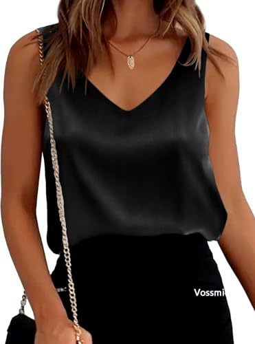 Vossmi Débardeurs d'été Femme Haut en Satin T-Shirt Top Tank Top Elégant sans Manches Blouse Mode Débardeur en V à Col T-Shirt Chemisiers de Débardeur Basiques(Noir,S)