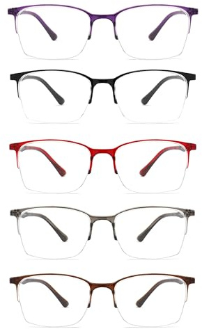 SUNAMOY 5 Pack One-Piece Half Frame Reading Glasses Women Men Flexible Blue Light Computer Lightweight comfort Readers +250 Magnification Strength