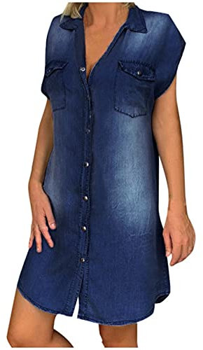 Jeanskleid für Damen, Knielang, Kurze Ärmel, Jeanskleid für Damen, V-Ausschnitt, T-Shirt, Hemdkleid, Jeanskleid, Hemdkleid, Jeanskleid, Hemdkleid, Marine-9, Medium