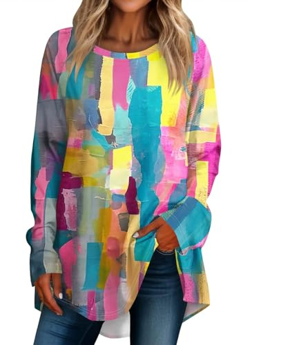 T-Shirt Manche Longue Femme Chemisier Ample Femme Automne T Shirt Femme Longues Manches Haut Femme Long T Shirt Femme Manche Longue Tee Shirt Femme Manche Longue Chemise Multicolore 2XL