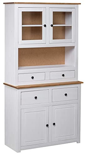 Highboard mit 4 Schubladen, 2 Türen und 2 Glastüren, Buffetschrank, Aufbewahrungsschrank, Küchenschrank, für Wohnzimmer Küche Esszimmer, 93 x 40,5 x 180 cm Massives Kiefernholz