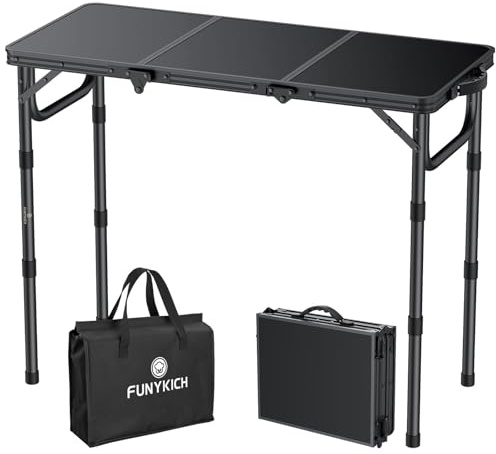 FUNYKICH Tavolo da Campeggio Pieghevole 87x40 cm,Tavolo da Picnic in Alluminio con 3 Altezze Regolabili (26/48/70 cm) e Maniglia di Trasporto, Piano in MDF,per Barbecue, Pesca e Campeggio,Nero