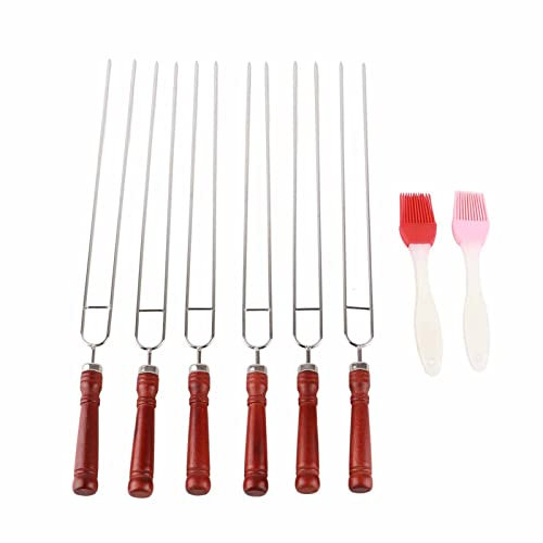 Lot de 6 brochettes à brochettes à double broche en acier inoxydable réutilisables avec 2 brosses en silicone pour barbecue en plein air