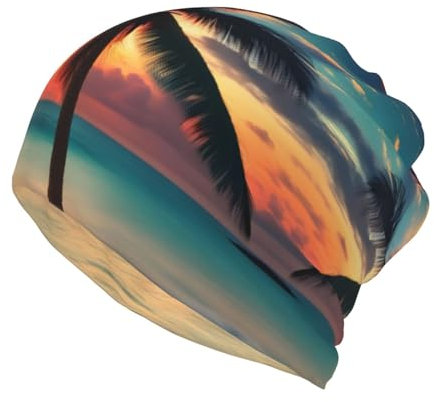 Tropical Beach Palm Tree Sunset Print Ponytail Beanie for Women,Winter Beanie Hat Face Mask Covering Neck Gaiter for Cold Weather Black