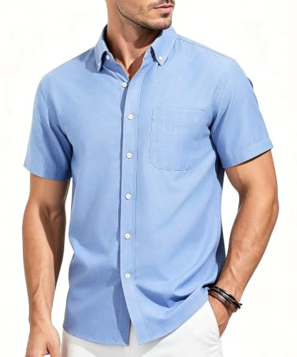 Casey Kevin Camisa Hombre Manga Corta - 100% Algodón - Cuello Abotonado | Camisa Hombre - 1 Bolsillo en el Pecho - Adecuado para el ocio, las vacaciones, la playa y los negocios