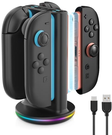 Gkstly Laddningsstation för Switch 2 Joy Con 2025, 4 i 1 station snabbladdningsstation med 9 RGB-lampor med LED-indikator, kontrolltillbehör för Switch 2