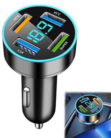Huybaa Cargador Coche USB 66W, 4 Puertos Cargador Mechero USB Carga Rápida con Voltímetro LED, Compatible iPhone Samsung Xiaomi, Negro