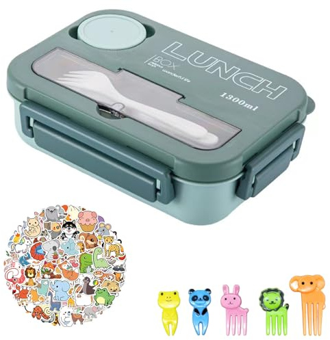 Joyan Lunch Box, Bento Box Fiambrera Infantil y Adultos con 4 Compartimentos y Cubiertos, 1300ML Loncheras con Recipiente para Salsa, Prueba de Fugas, Fiambrera Apta para Microondas (Verde)