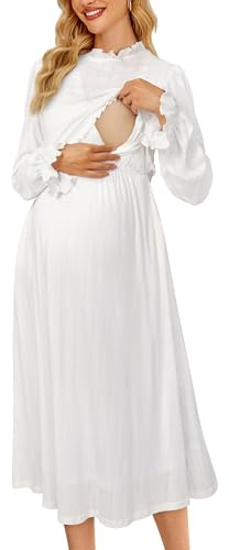 OUGES Women's Nursing Fall Baby Shower Maternity Dress(White,M)