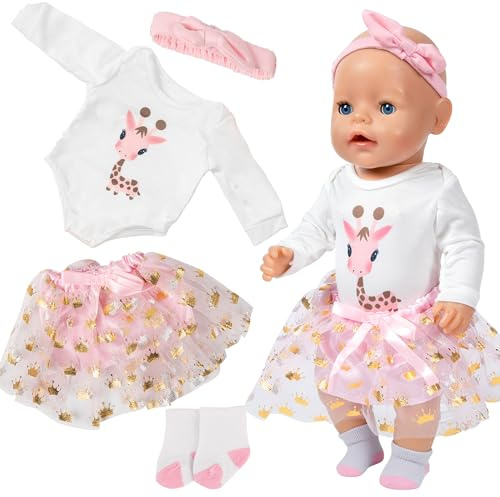 4 Pcs Baby Doll Clothes for 14-17 Inch Doll, New Doll Clothes Outfits Includes 1 Jumpsuit 1 Poncho 1 Hairband 1 Socks, Pink Giraffe Dolls Clothes Compatible with New Born Baby 35-45 cm Girls Birthday