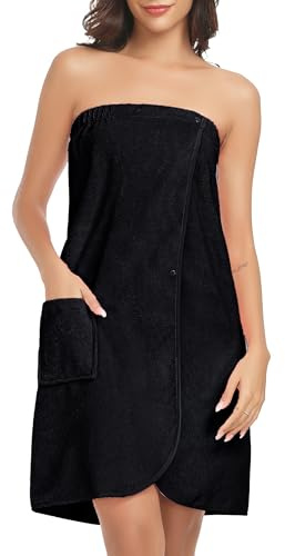 Lovasy Sauna Bademantel Damen Frottee Saunatuch Saunakilt mit Taschen, Druckknopf und Gummizug,Schwarz,S-M