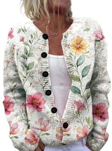 Cárdigan de Punto con Cremallera para Mujer,Chaqueta Sueter Manga Larga Abrigo Suéter Rebeca Chaqueta Jerseis Mujer De Elegante Floral con Botones Y Escote En V Jersey
