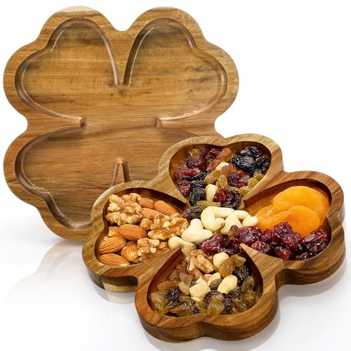 AVLA 2 Pack 8 Inch Wood Serving Platter Trays, Small Acacia Wooden Snack Board, Veggie Fruit Hosting Plate Dish, Food Serving Platter for Nuts Cheese Sushi Charcuterie Dessert, 4-Leaf Clover Design