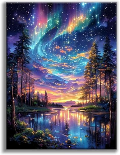 Starry Sky Diamond Art Kits for Adults, 5D Aurora Lake Diamond Painting Kits for Beginners, Fantastic Landscapes DIY Full Drill Dots Gem Art Paint for Home Wall Decor 30x40 cm