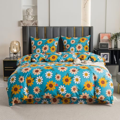 Cotton Market Biancheria da letto 220 x 200 cm, per tutto l'anno, 2 pezzi, copripiumino con 2 federe 70 x 80 cm, girasoli