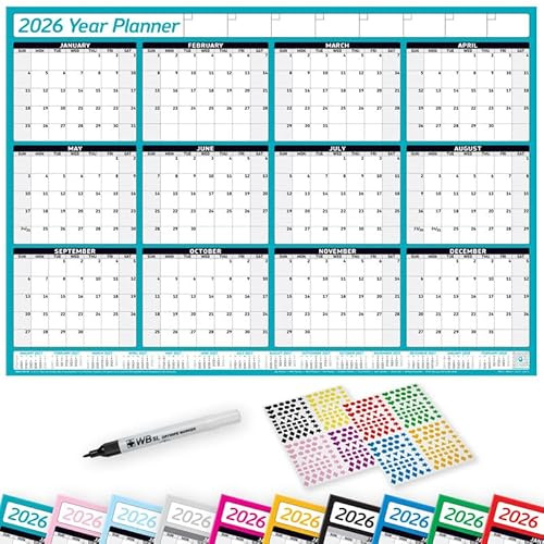 PlannerHead 2026 Laminated Wall Planner Calendar Chart Poster/Yearly Calendar 2026 / Grid Style 12 Months with Pen & 400 Stickers / 2027 Footnote Included/Teal/Large (49x70cm)