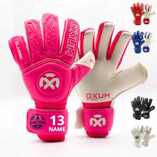 OXUM Guantes de Portero Classic Personalizados para Niños y Niñas – Añade Nombre, Número y Bandera o Escudo – Guantes de Fútbol Infantiles con Gran Agarre y Ajuste Cómodo (Rosa, 5)