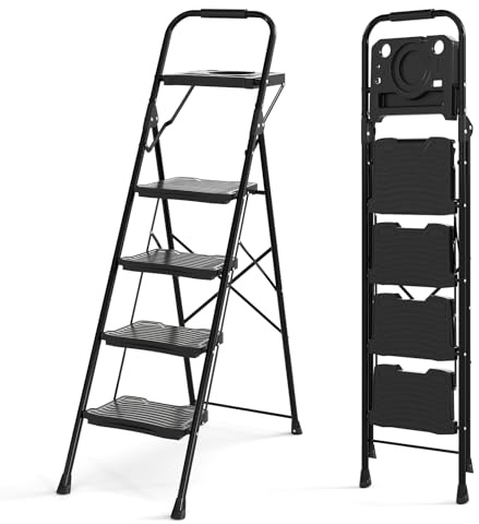 COSTWAY Escabeau Métallique 4 Marches avec Plateau Porte-Outils | Échelle Pliante Multifonction avec Pédales Larges Antidérapantes Patins pour Maison Cuisine Bureau