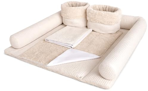 Wickelauflage Set 6-teilig – Wickelunterlage aus Waffelstoff & Frottee mit Druckknöpfen – Baby Wickelauflage – Wickeltischauflage – 75x75 cm (Breite x Tiefe), Hellbeige