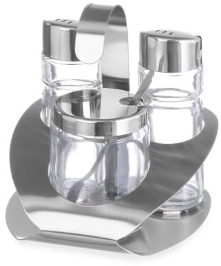 HENDI Menage Set, Dreiteilig, Pfeffer, Salz, Senf mit Senflöffel aus Edelstahl Satiniert, Pfefferstreuer, Salzstreuer, Gewürzständer, 100x95(H)115mm, Edelstahl 18/0