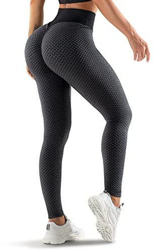 Oielai Tik Tok Damen Sport Leggings, High Waist Push Up Boom Booty Leggings mit Bauchkontrolle, Lange Sporthose Fitnesshose Yoga Leggings für Damen Mädchen, Schwarz/Grau, S