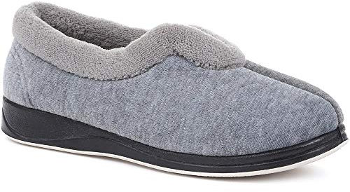 Pavers Ladies Antibacterial Wide Fit Slip-On Slippers in Grey with Deep Cushioned Memory Foam Insole - Stylish V-Cut Design - Size UK 6 / EU 39