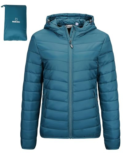 Outdoor Ventures Veste matelassée légère et pliable pour femme - Veste d'hiver chaude avec capuche - Doublée avec poches - Pour les loisirs, la randonnée, les voyages