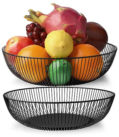 EXLECO 2er Metall Obstkorb Schwarze Obstschale mit Metallgrundplatte Metalldraht Obstaufbewahrungskorb Vintage Multifunktionaler Obstkorb aus Eisen Deko Drahtkorb (28 * 14.5 * 7cm)