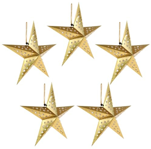 Mikikit 5Pcs Hanging Paper Star: Golden Hollow Out Paper Star Hanging Star Lampshade Decoration for Weddings Christmas Holiday Birthday Party Celebration
